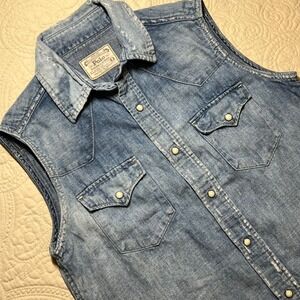 Polo Ralph Lauren Womens Sleeveless Denim Western Shirt Dress Size 0 Pearl Snap